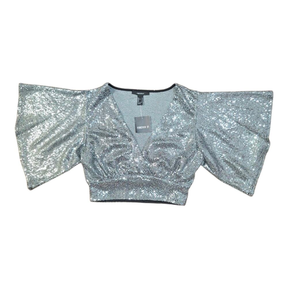 NWT Forever 21 Silver Sequin Crop Top Flutter Sleeve Shiny Disco Party Medium